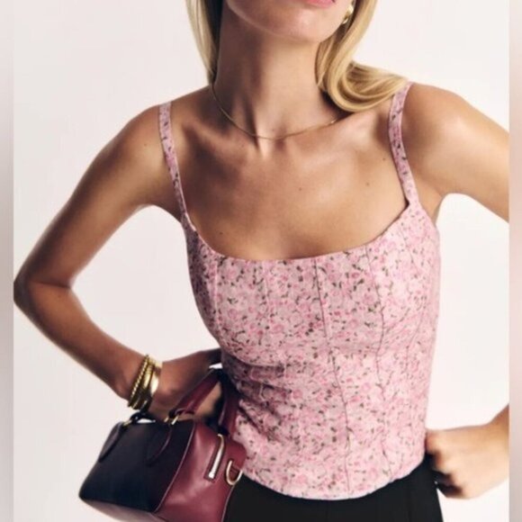 NEW Reformation Hattie Linen Top in Rosin Pink Floral | size 0 - Picture 1 of 12